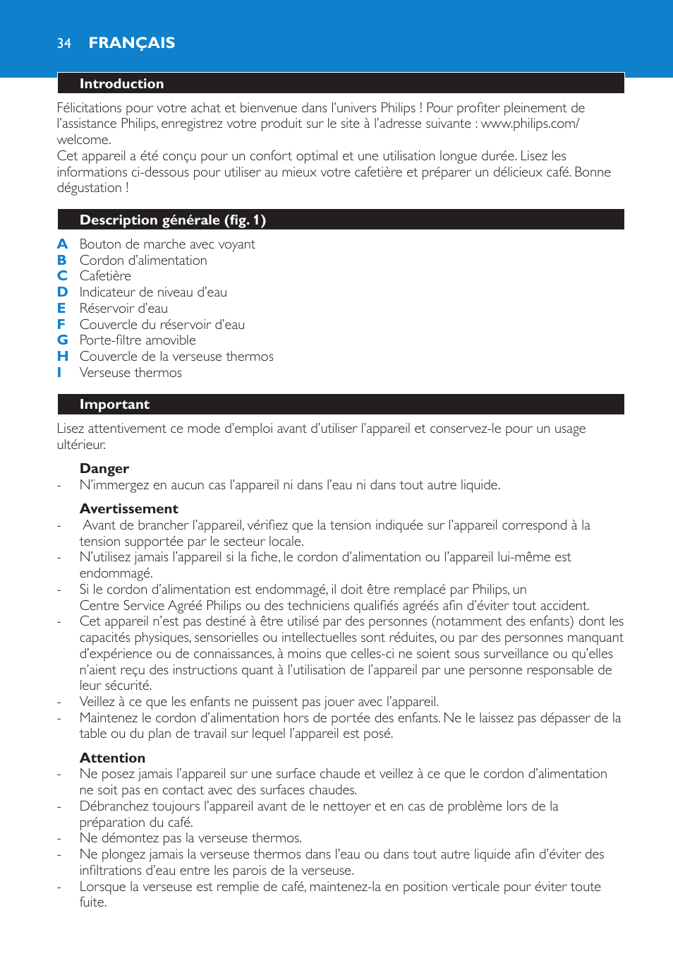 Danger, Avertissement, Attention | Français, Introduction, Description générale (fig. 1), Important | Philips Kaffeemaschine User Manual | Page 34 / 84