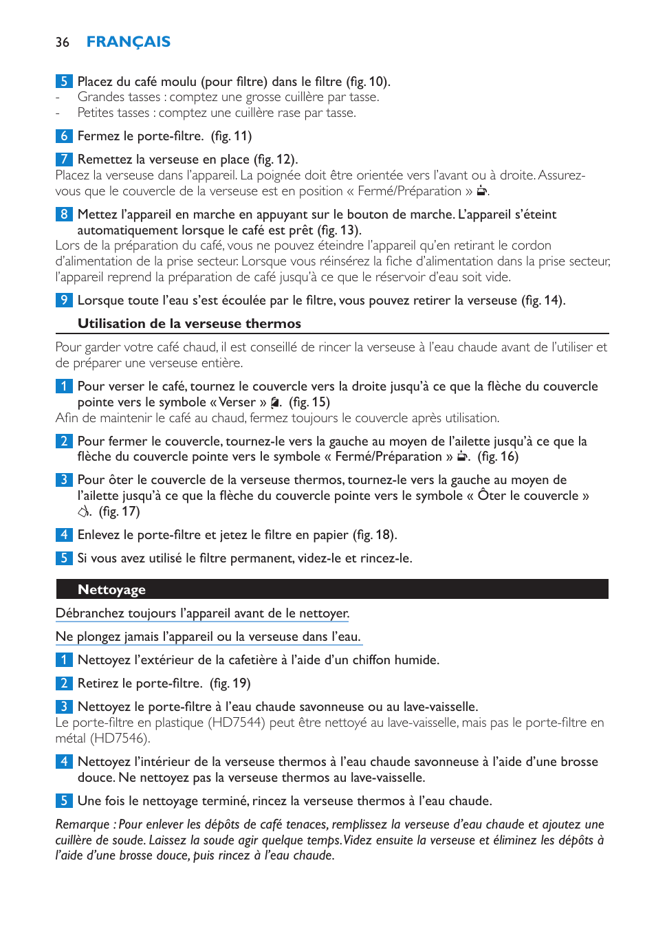 Utilisation de la verseuse thermos, Nettoyage, Détartrage | Philips Kaffeemaschine User Manual | Page 36 / 84