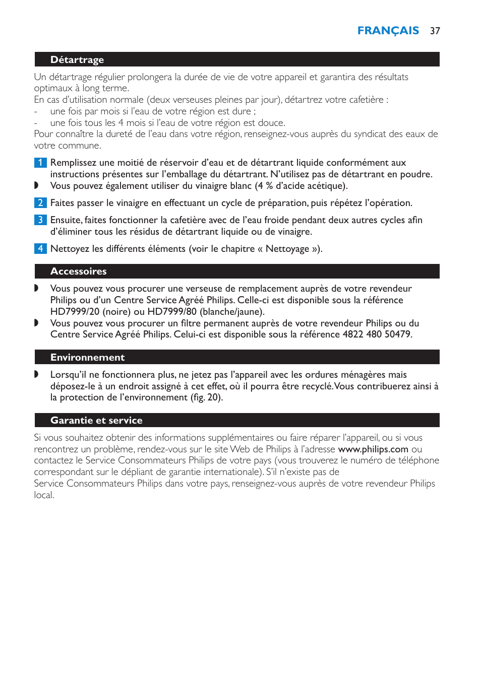 Accessoires, Environnement, Garantie et service | Dépannage | Philips Kaffeemaschine User Manual | Page 37 / 84