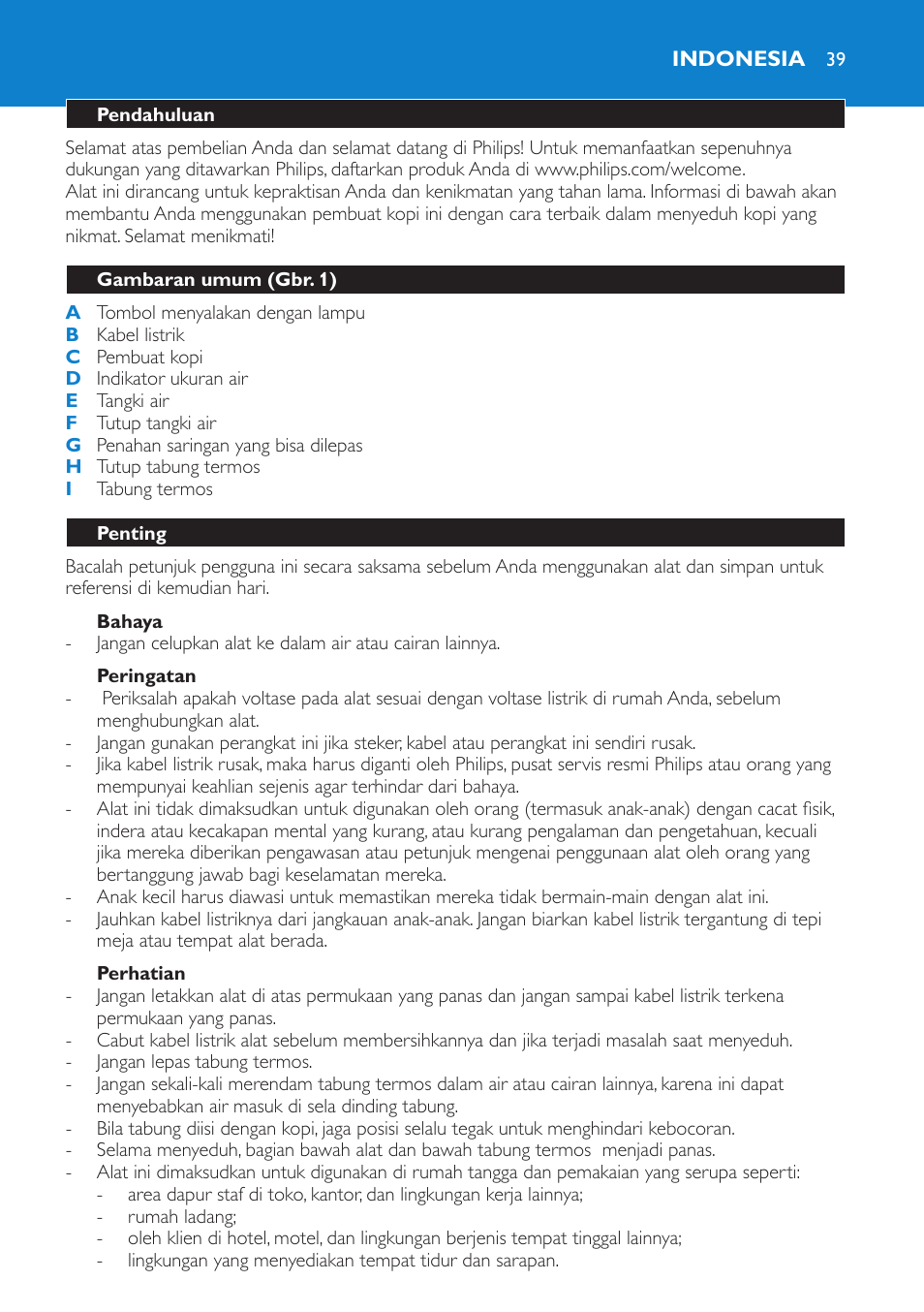 Bahaya, Peringatan, Perhatian | Indonesia, Pendahuluan, Gambaran umum (gbr. 1), Penting | Philips Kaffeemaschine User Manual | Page 39 / 84