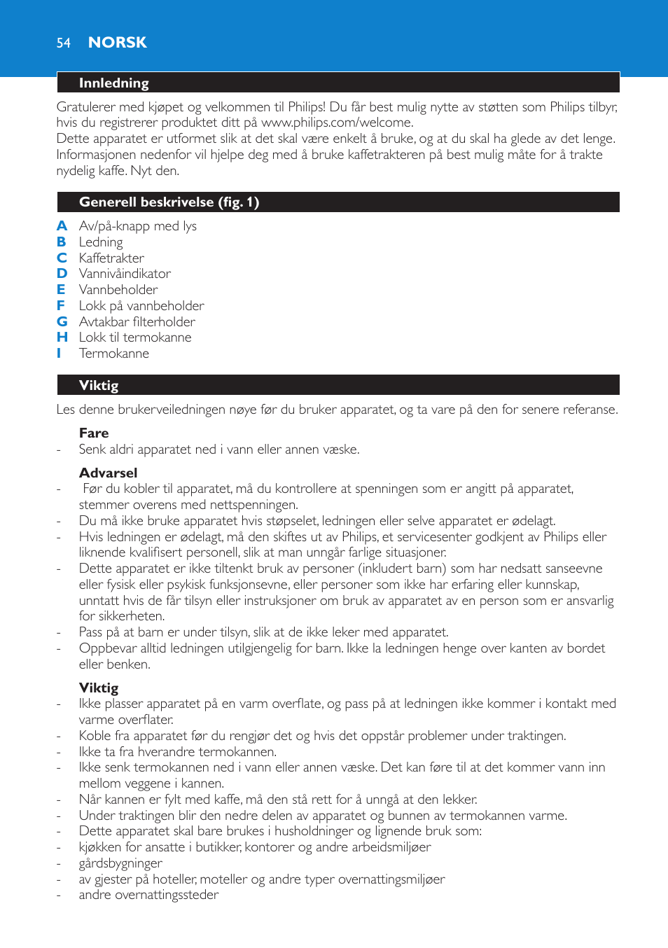 Fare, Advarsel, Viktig | Automatisk utkobling, Norsk, Innledning, Generell beskrivelse (fig. 1) | Philips Kaffeemaschine User Manual | Page 54 / 84