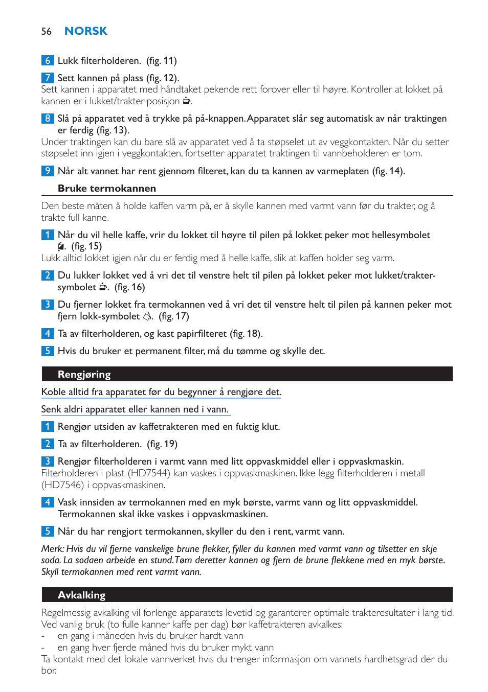 Bruke termokannen, Rengjøring, Avkalking | Philips Kaffeemaschine User Manual | Page 56 / 84