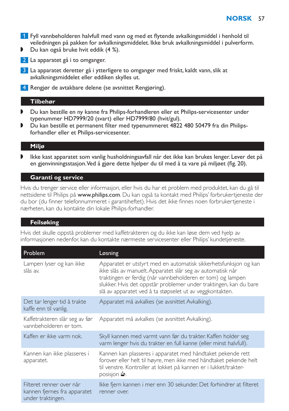 Tilbehør, Miljø, Garanti og service | Feilsøking | Philips Kaffeemaschine User Manual | Page 57 / 84