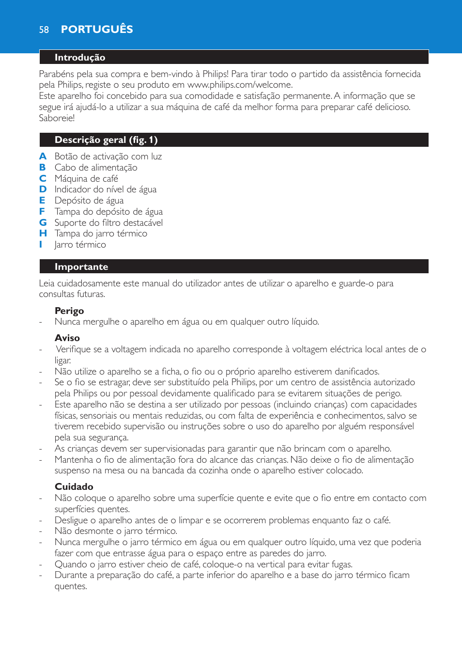 Perigo, Aviso, Cuidado | Português, Introdução, Descrição geral (fig. 1), Importante | Philips Kaffeemaschine User Manual | Page 58 / 84