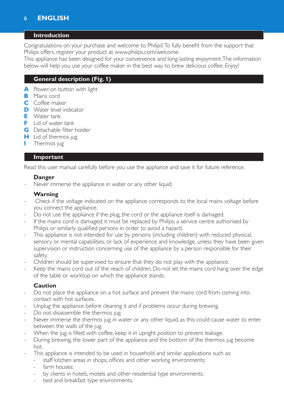 English, Introduction, General description (fig. 1) | Important, Danger, Warning, Caution, Automatic shut-off | Philips Kaffeemaschine User Manual | Page 6 / 84