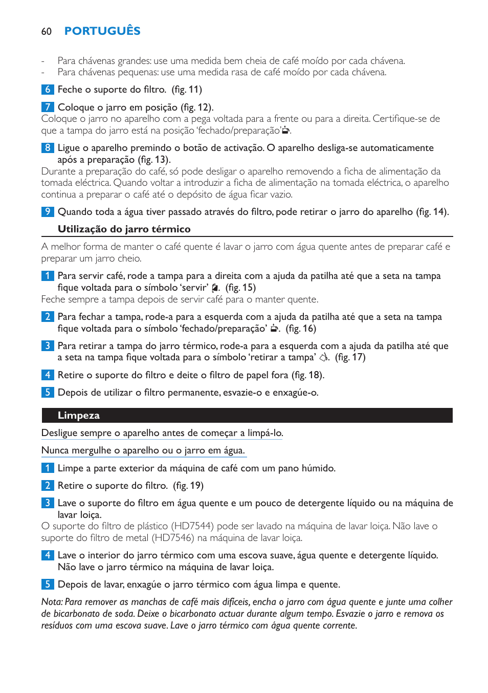 Utilização do jarro térmico, Limpeza, Descalcificação | Philips Kaffeemaschine User Manual | Page 60 / 84