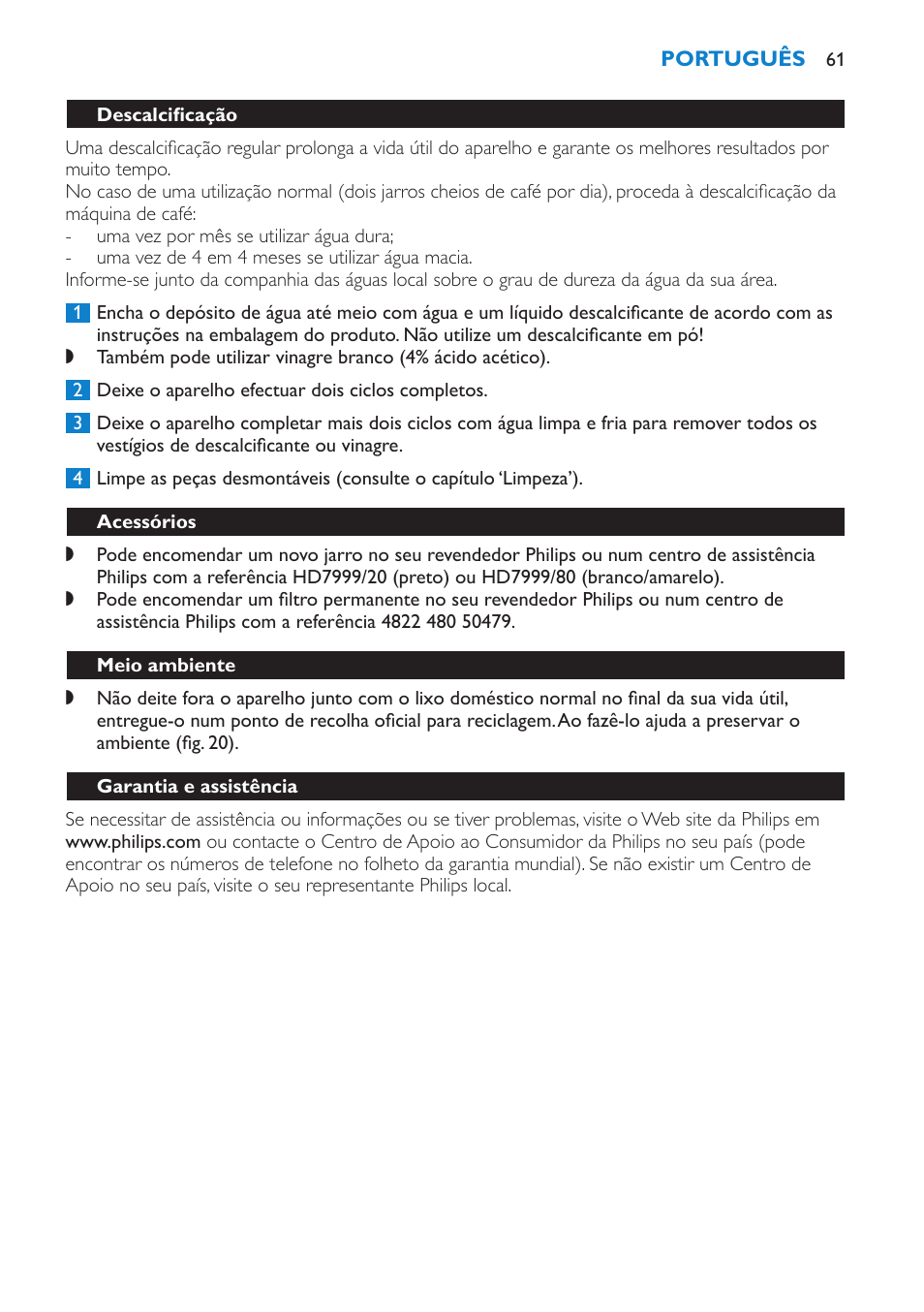 Acessórios, Meio ambiente, Garantia e assistência | Resolução de problemas | Philips Kaffeemaschine User Manual | Page 61 / 84