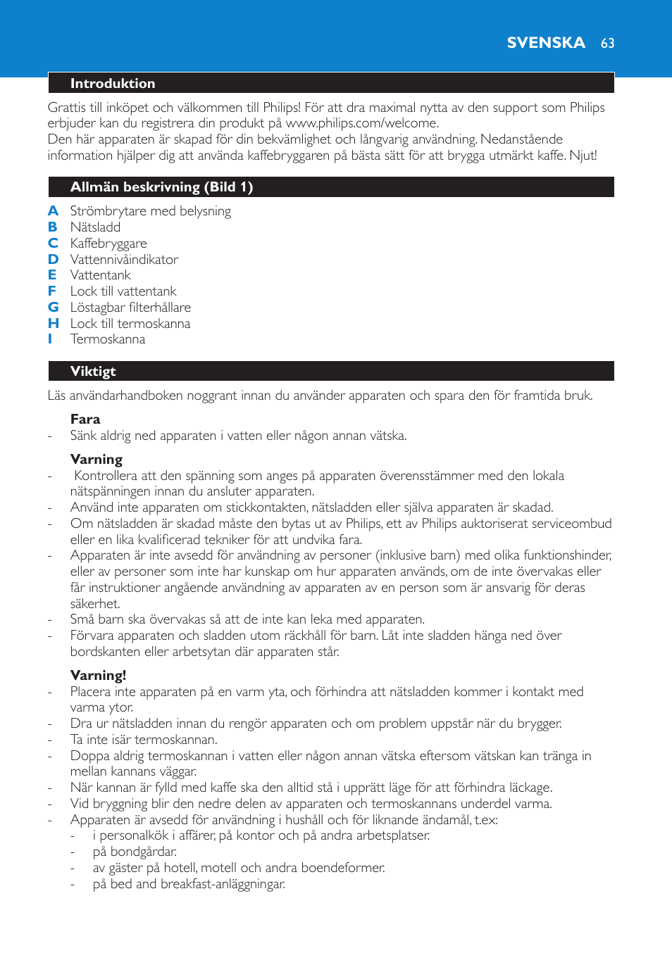 Fara, Varning, Automatisk avstängning | Svenska, Introduktion, Allmän beskrivning (bild 1), Viktigt | Philips Kaffeemaschine User Manual | Page 63 / 84