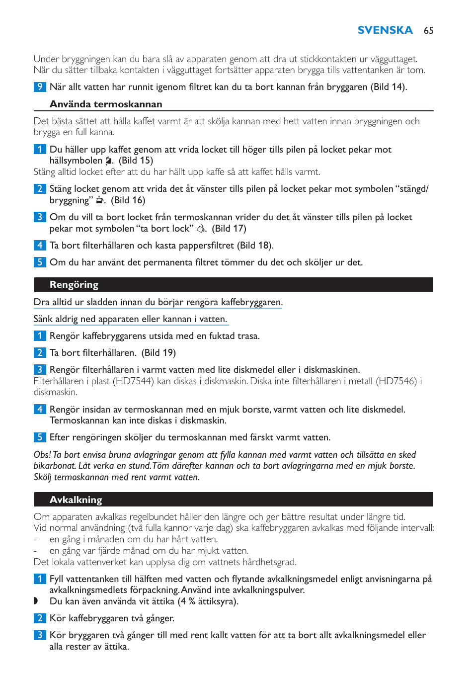 Använda termoskannan, Rengöring, Avkalkning | Philips Kaffeemaschine User Manual | Page 65 / 84