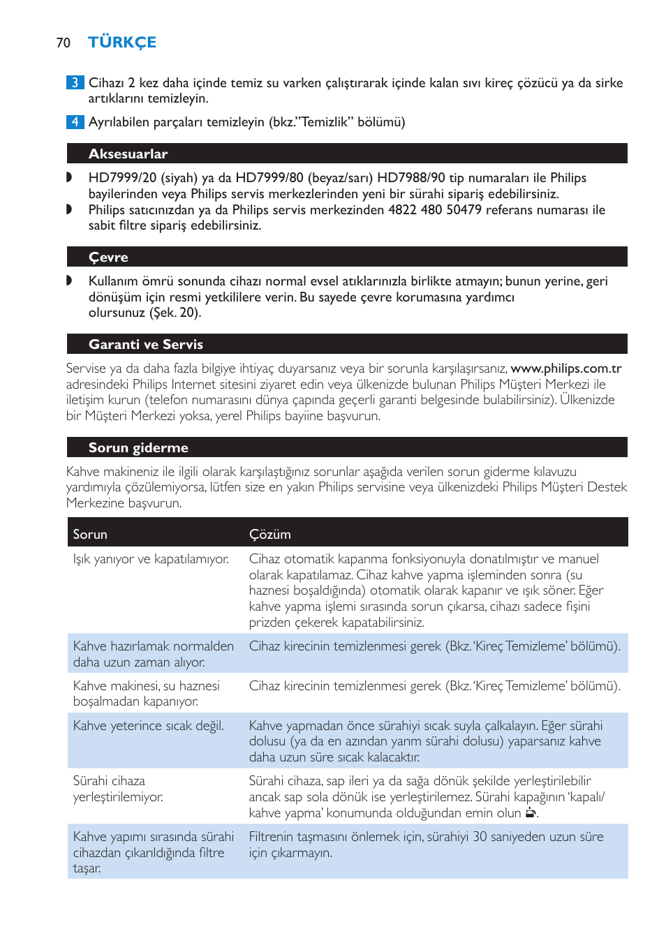 Aksesuarlar, Çevre, Garanti ve servis | Sorun giderme | Philips Kaffeemaschine User Manual | Page 70 / 84