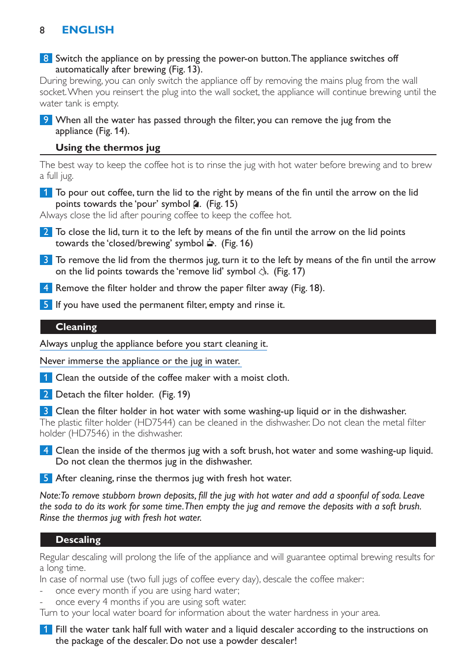 Using the thermos jug, Cleaning, Descaling | Philips Kaffeemaschine User Manual | Page 8 / 84