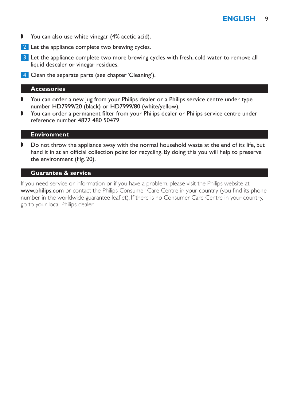 Accessories, Environment, Guarantee & service | Troubleshooting | Philips Kaffeemaschine User Manual | Page 9 / 84