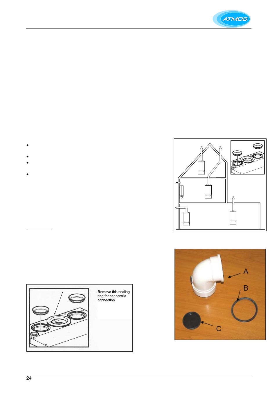 Note regarding internal air-flue systems, Flue discharge and air supply, Mounting 60/100mm horizontal concentric terminal | Atmos Energy HE26 User Manual | Page 24 / 56