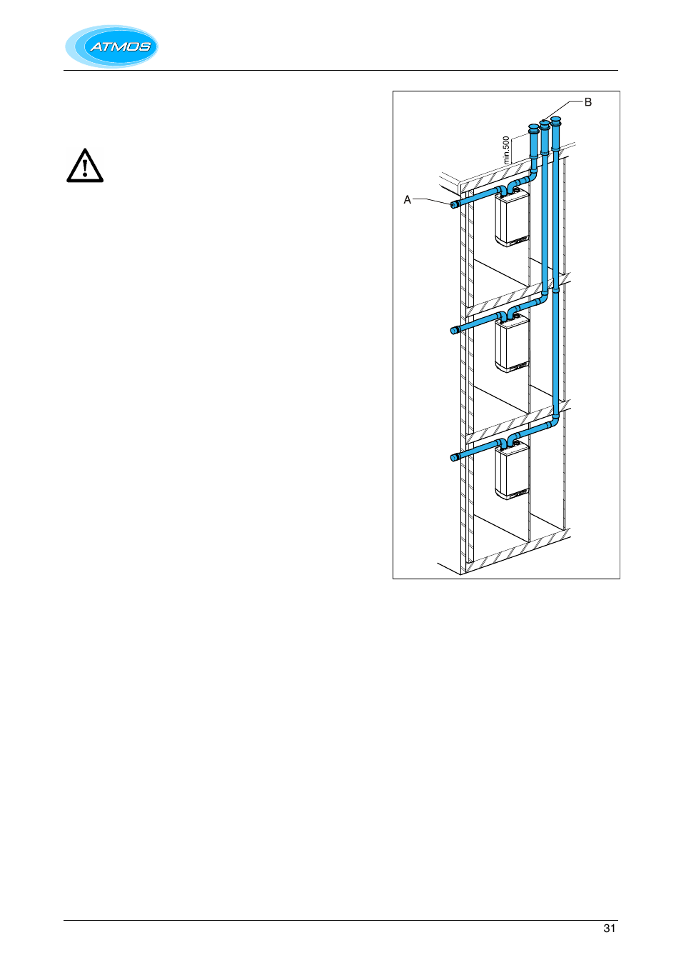 Atmos ms system, Maximum pipe length, Mounting of air supply - horizontal | Mounting flue terminal - vertical | Atmos Energy HE26 User Manual | Page 31 / 56