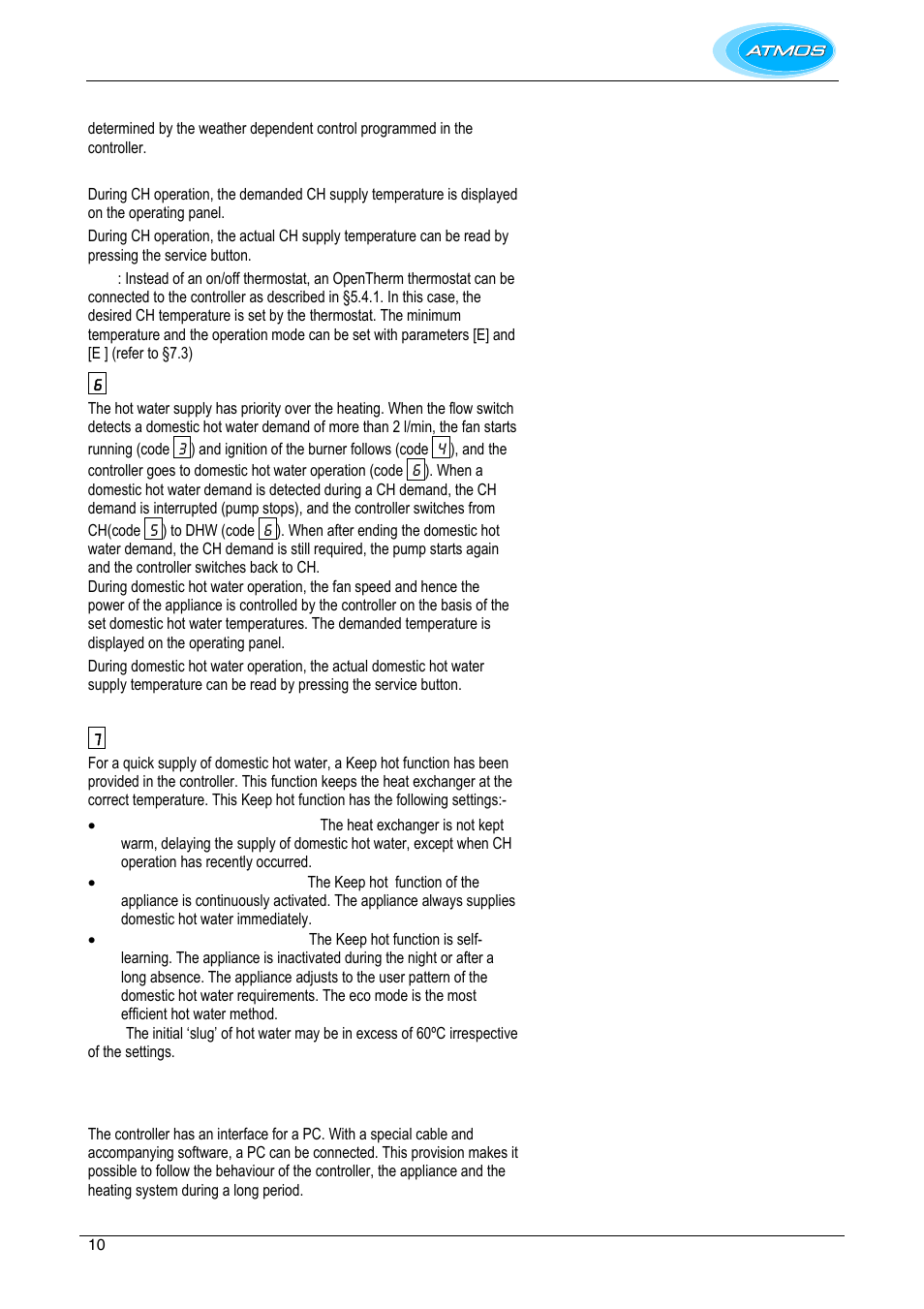 6 domestic hot water operation, 7 keep hot facility, Pc interface | Atmos Energy INTERCOMBI HE32 User Manual | Page 10 / 60