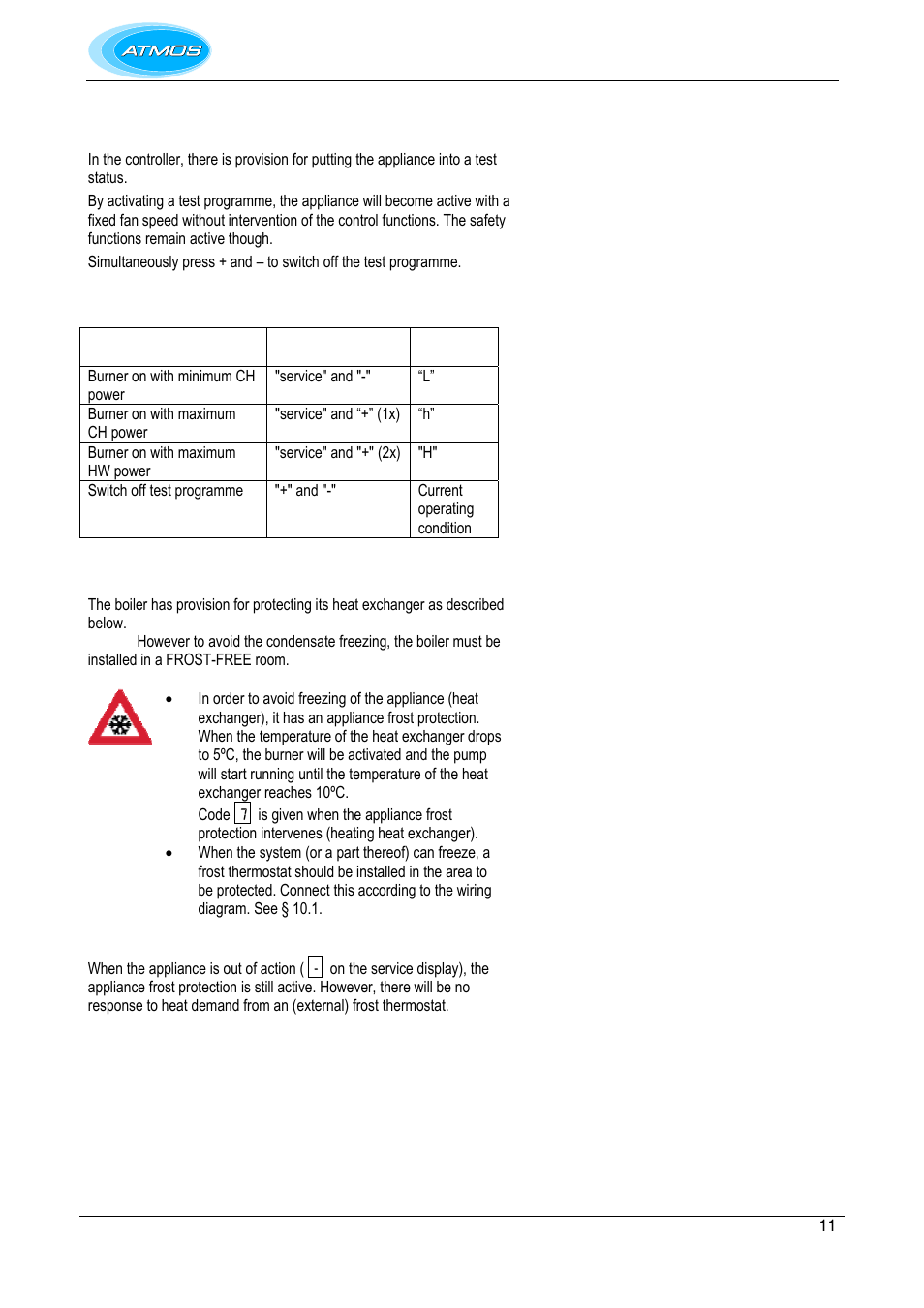 Test programmes, Frost protection | Atmos Energy INTERCOMBI HE32 User Manual | Page 11 / 60