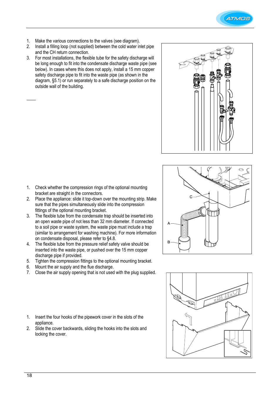 Installation connections, Mount the appliance, Fit the pipework cover (optional item) | Atmos Energy INTERCOMBI HE32 User Manual | Page 18 / 60