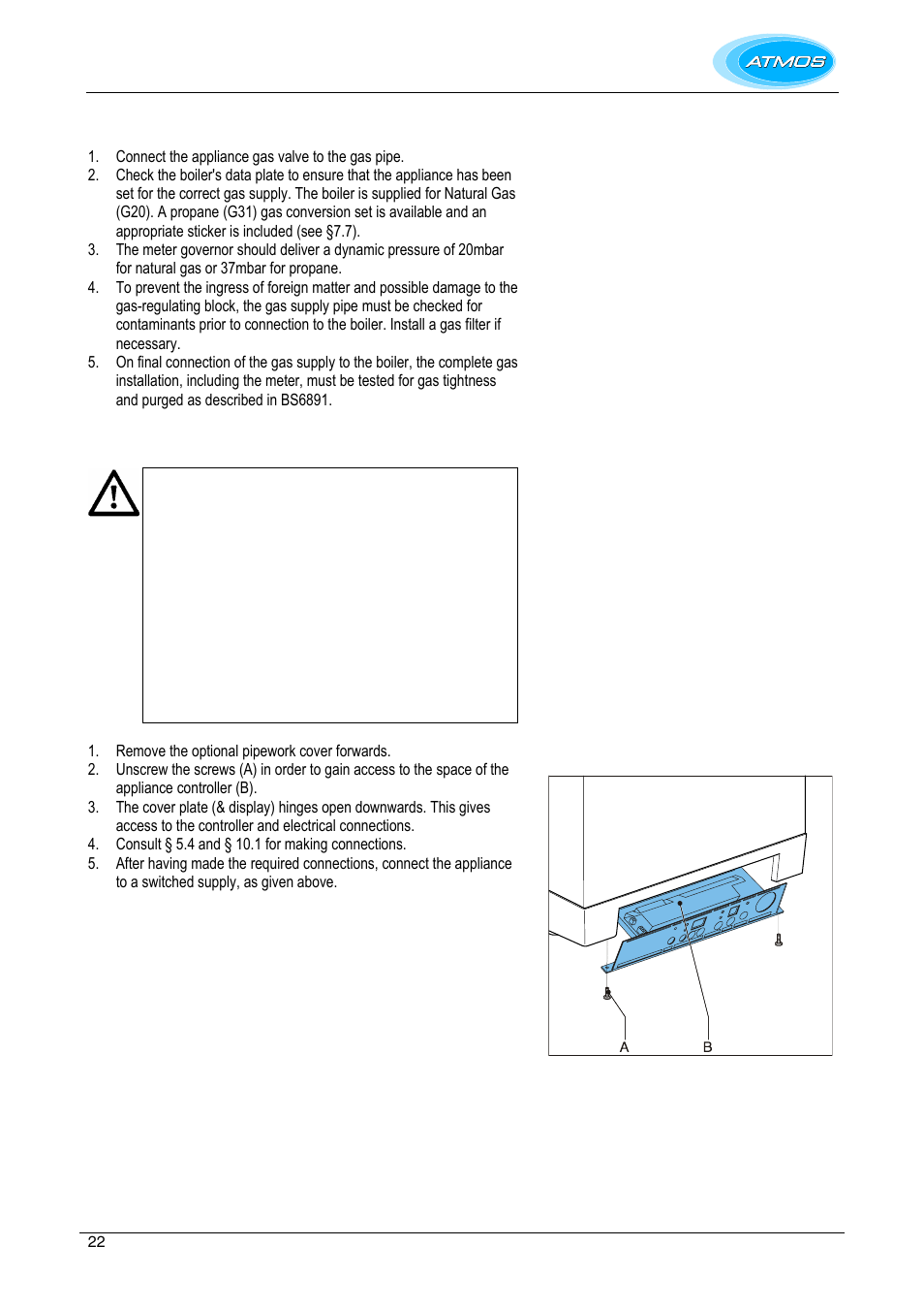 Connecting the gas supply, Electrical connection | Atmos Energy INTERCOMBI HE32 User Manual | Page 22 / 60