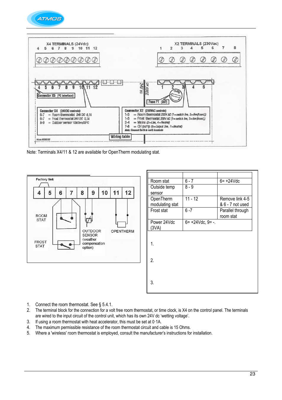 24v dc electrical connections, Volt free room thermostat on/off, Dc terminals x4 | Atmos Energy INTERCOMBI HE32 User Manual | Page 23 / 60