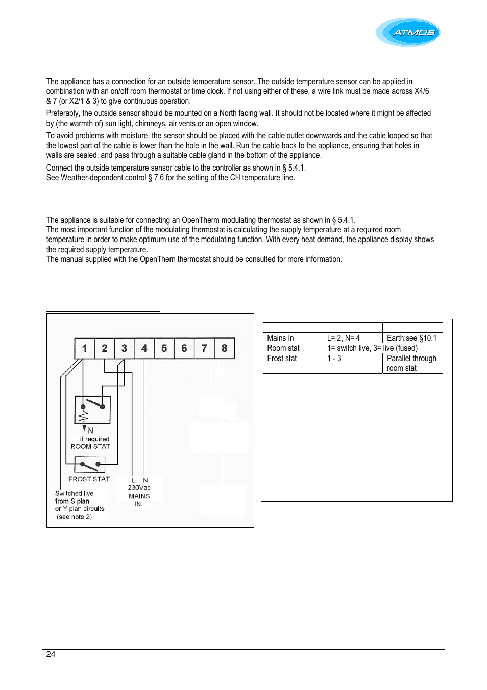 Opentherm modulating thermostat, 230vac electrical connections, 230v | Ac terminals x2 | Atmos Energy INTERCOMBI HE32 User Manual | Page 24 / 60