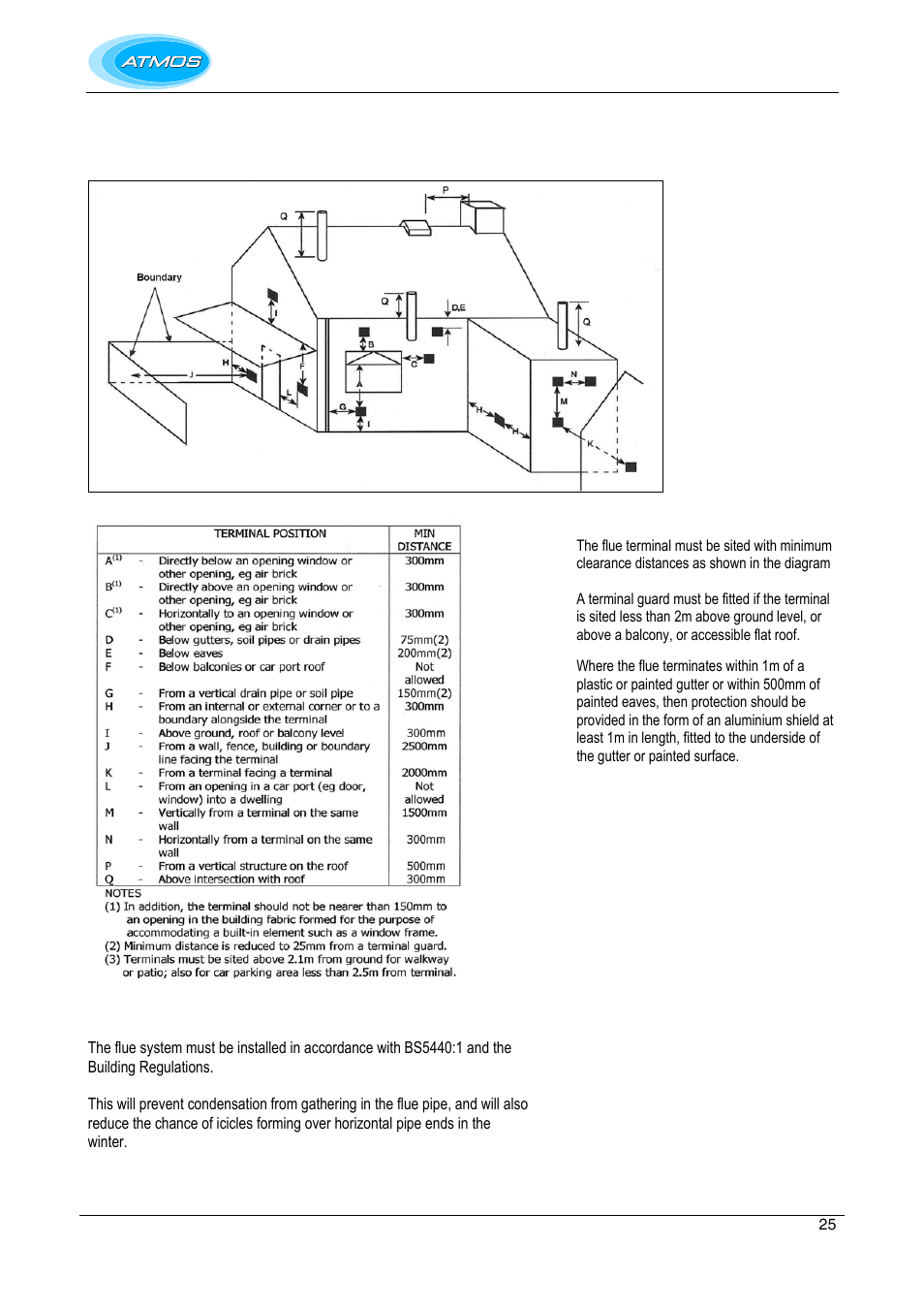 General flue requirements, Flue terminal clearances, Flue system | Atmos Energy INTERCOMBI HE32 User Manual | Page 25 / 60