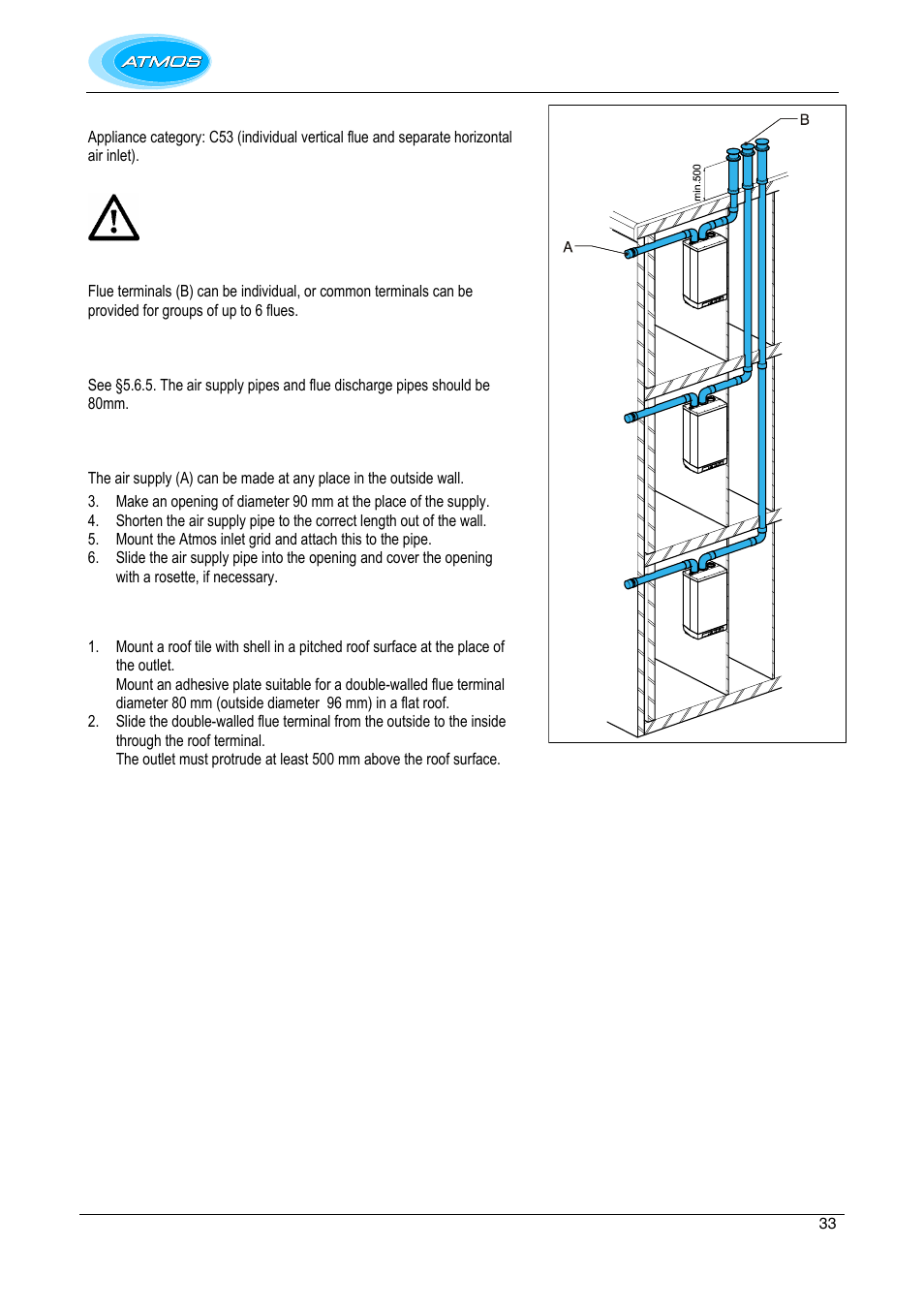 Atmos ms system, Maximum pipe length, Mounting of air supply - horizontal | Mounting flue terminal - vertical | Atmos Energy INTERCOMBI HE32 User Manual | Page 33 / 60