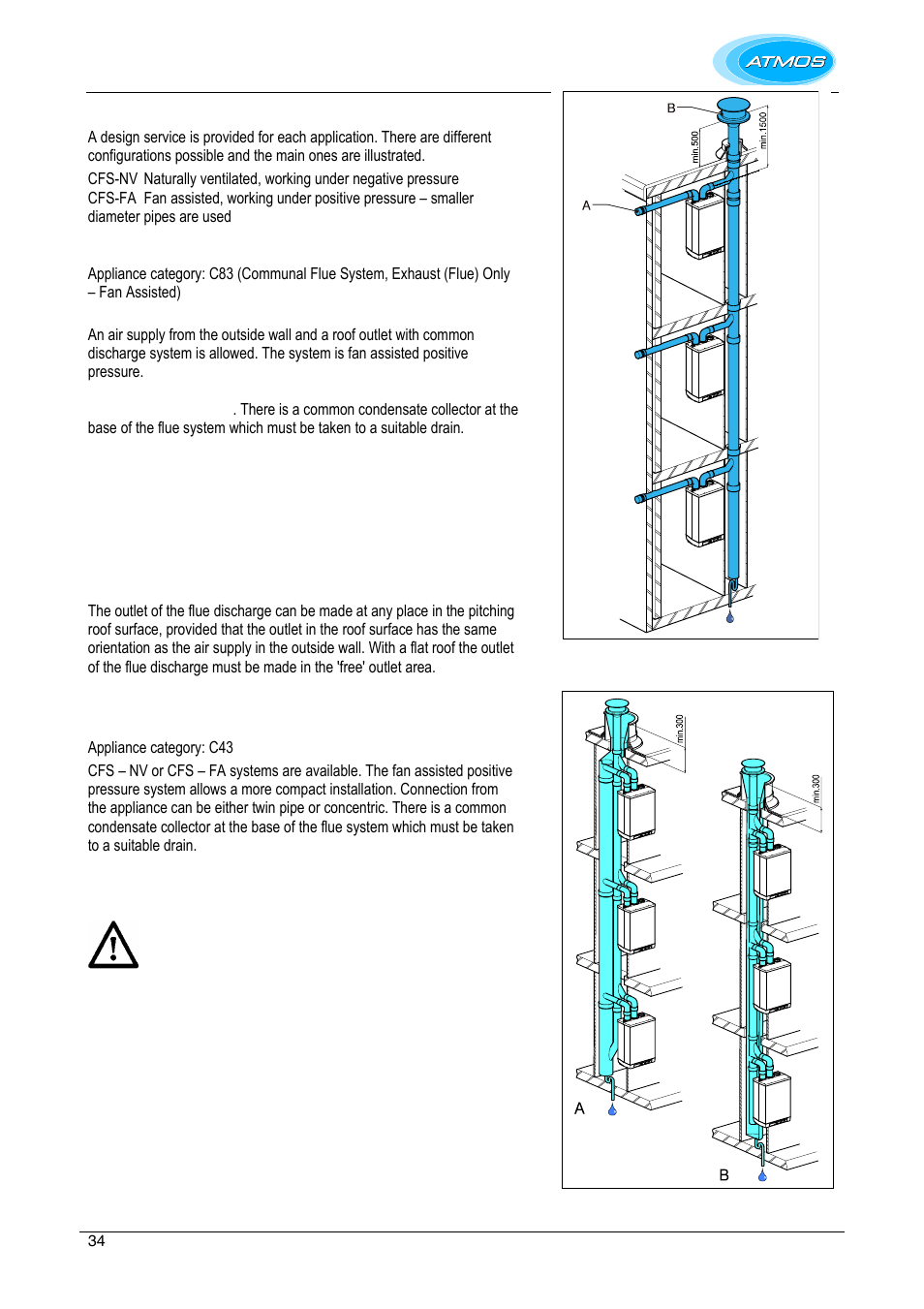 Atmos communal flue system (cfs), Atmos cfseo – fa system, Maximum pipe length | Common flue discharge, Atmos cfs system | Atmos Energy INTERCOMBI HE32 User Manual | Page 34 / 60