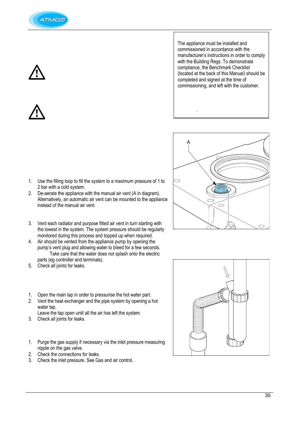 Commissioning, Fill and de-aerate the appliance and the system, Ch system | Hot water supply, Gas supply | Atmos Energy INTERCOMBI HE32 User Manual | Page 35 / 60
