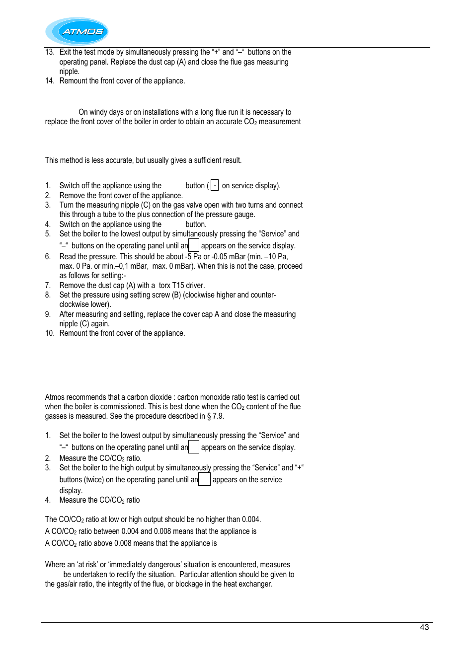 Setting the gas valve by pressure measurement, Carbon monoxide : carbon dioxide ratio | Atmos Energy INTERCOMBI HE32 User Manual | Page 43 / 60