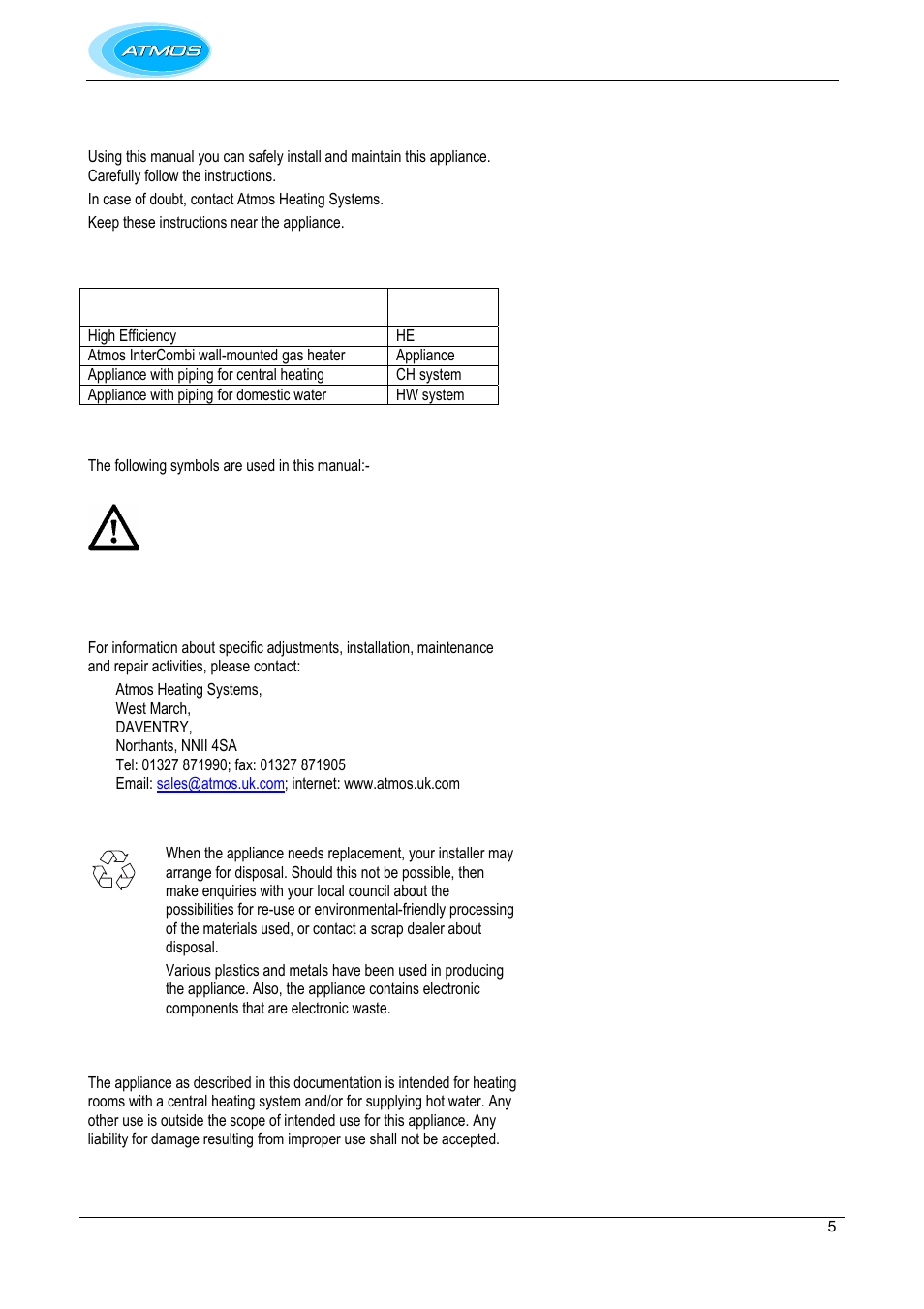 This manual, Abbreviations and names used, Icons | Service and technical support, Environment, Intended use | Atmos Energy INTERCOMBI HE32 User Manual | Page 5 / 60