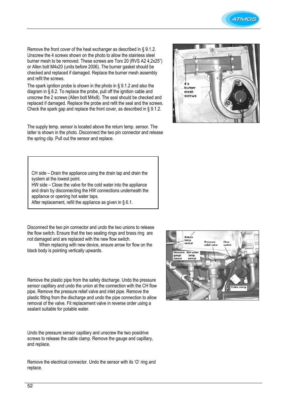 Burner/ spark ignition probe, Flow/ return temperature sensors, Flow switch | Pressure gauge sensor, Hot water temperature sensor | Atmos Energy INTERCOMBI HE32 User Manual | Page 52 / 60