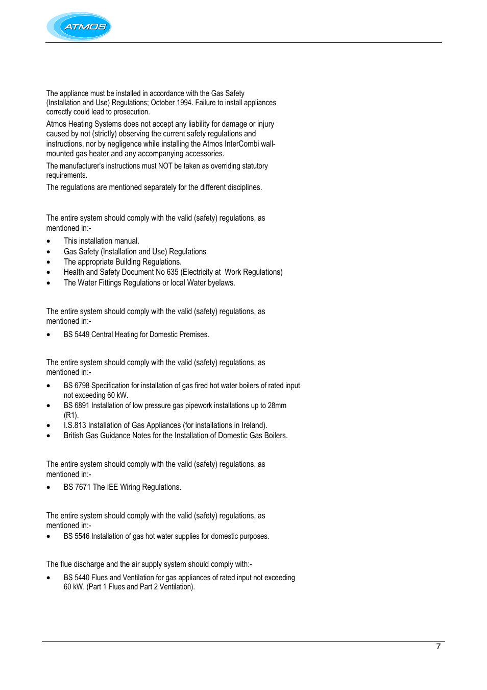 Safety regulations, General, Ch system | Gas system, Electrical system, Domestic water system, Flue discharge and air supply | Atmos Energy INTERCOMBI HE32 User Manual | Page 7 / 60