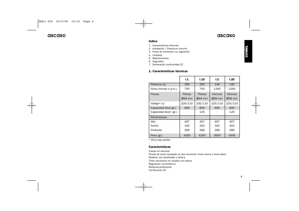 Ascaso Factory ESPRESSO COFFEE GRINDER User Manual | Page 3 / 28
