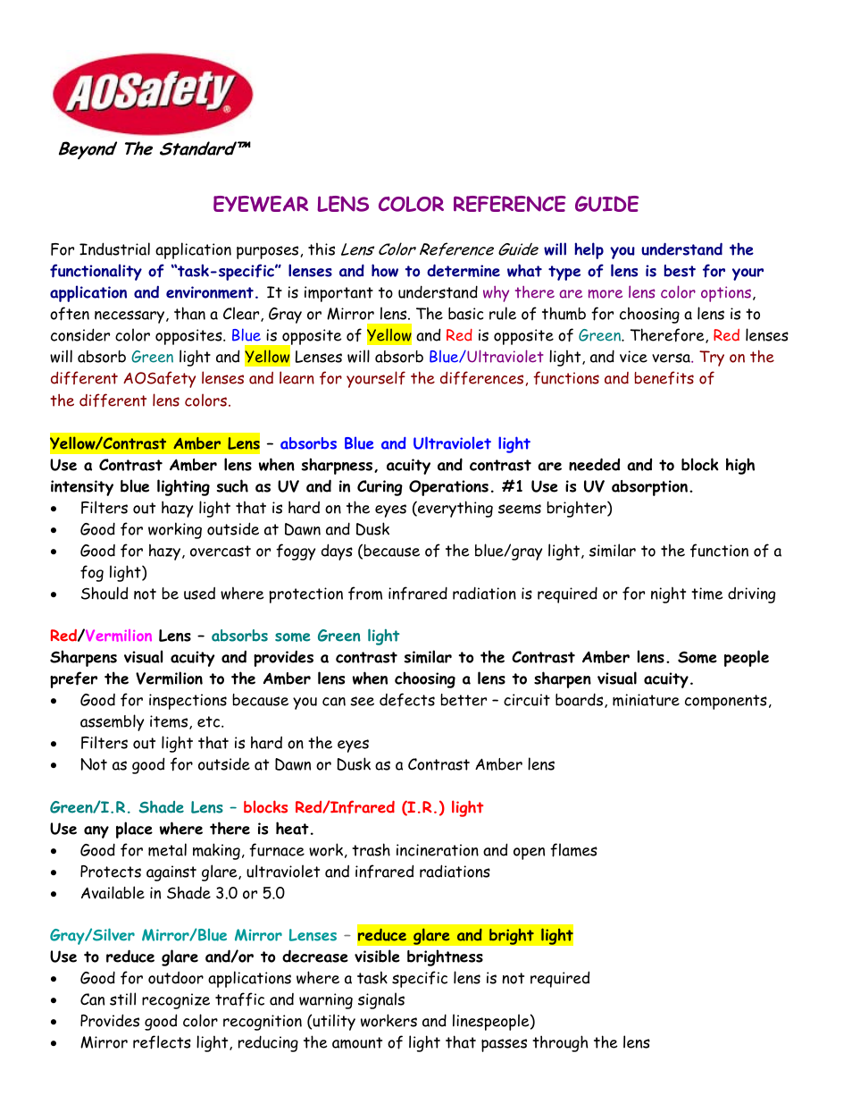 AOSafety Beyond The Standard Eyewear Lens User Manual | 3 pages