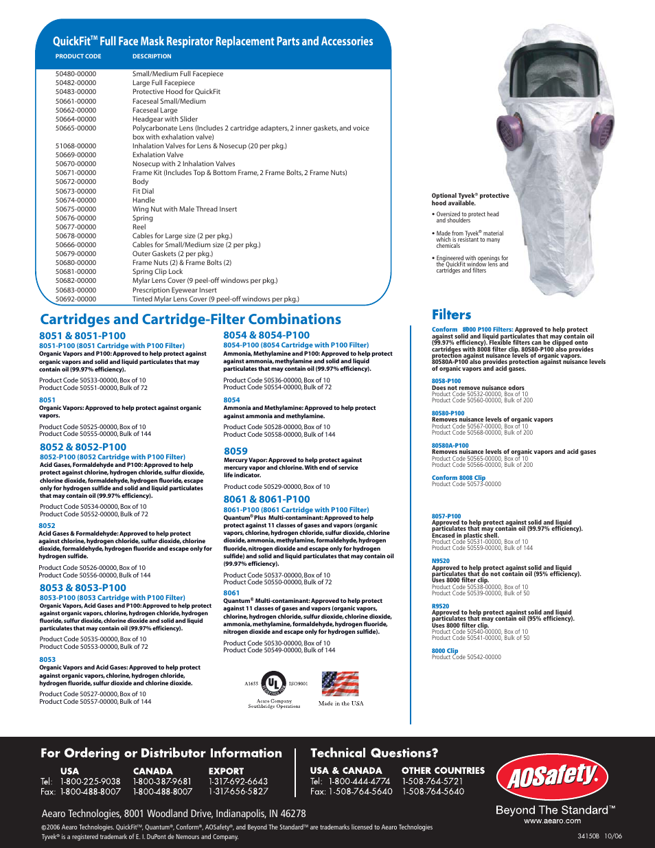 Cartridges and cartridge-filter combinations, Quickfit | AOSafety QUICKFIT Full Face Respirator Mask User Manual | Page 2 / 2