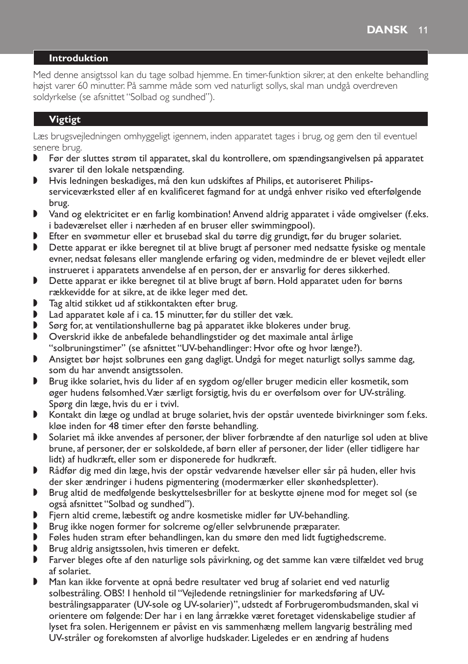 Dansk, Introduktion, Vigtigt | Philips Gesichtsbräuner User Manual | Page 11 / 66