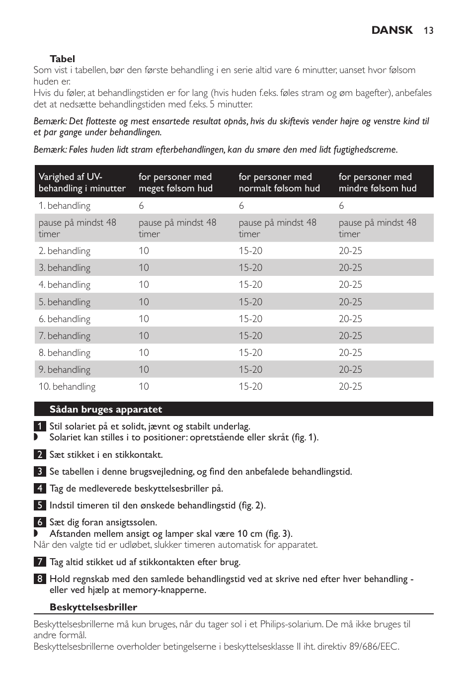 Tabel, Sådan bruges apparatet, Beskyttelsesbriller | Philips Gesichtsbräuner User Manual | Page 13 / 66