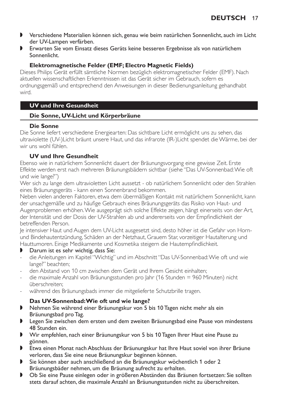 Uv und ihre gesundheit, Die sonne, uv-licht und körperbräune, Die sonne | Das uv-sonnenbad: wie oft und wie lange | Philips Gesichtsbräuner User Manual | Page 17 / 66