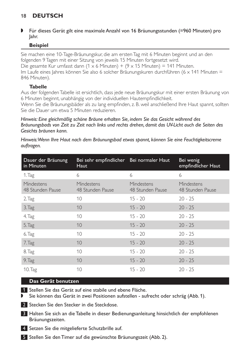 Beispiel, Tabelle, Das gerät benutzen | Philips Gesichtsbräuner User Manual | Page 18 / 66