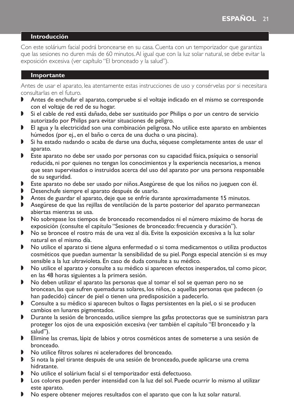 Español, Introducción, Importante | Philips Gesichtsbräuner User Manual | Page 21 / 66