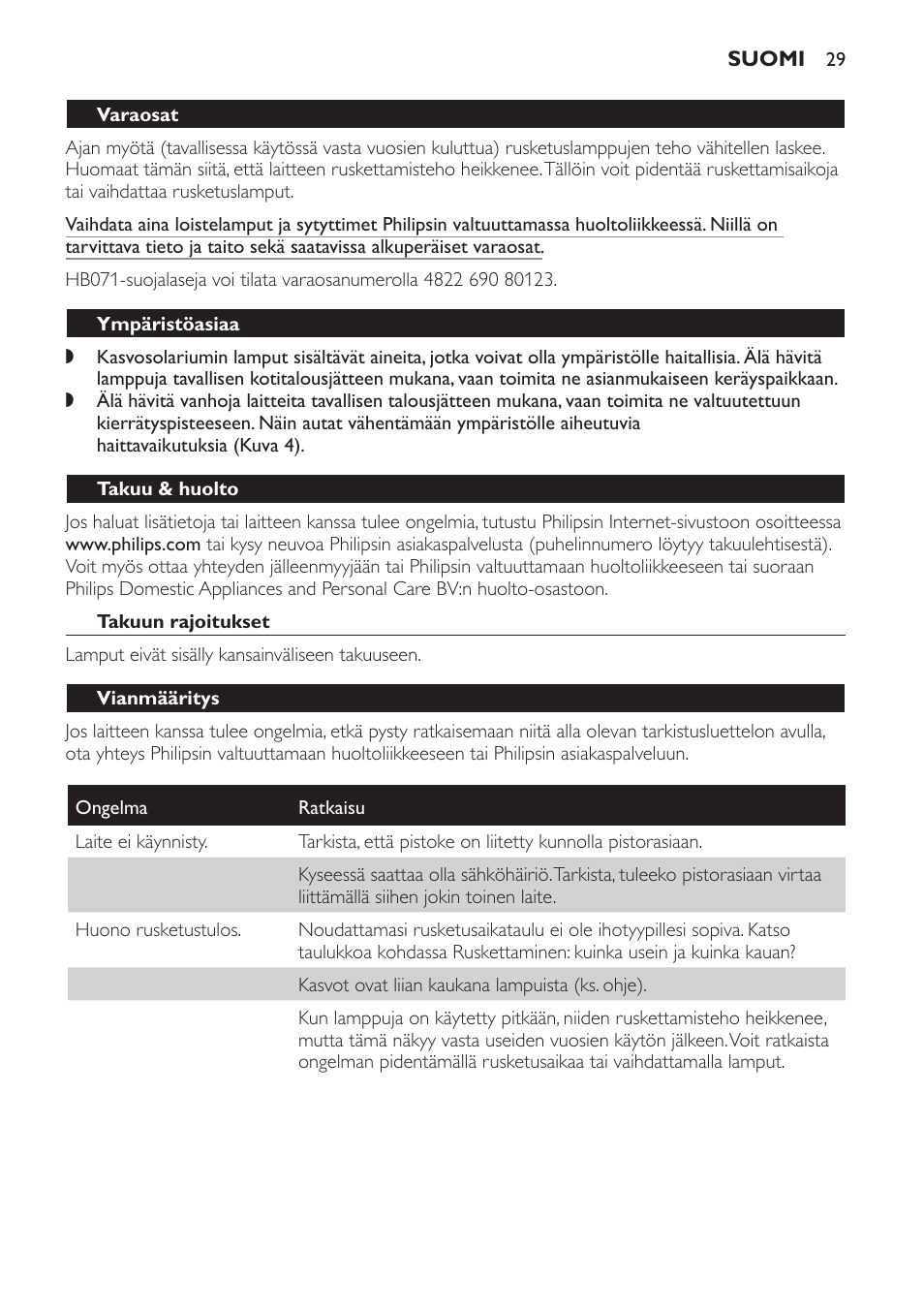 Varaosat, Ympäristöasiaa, Takuu & huolto | Takuun rajoitukset, Vianmääritys | Philips Gesichtsbräuner User Manual | Page 29 / 66