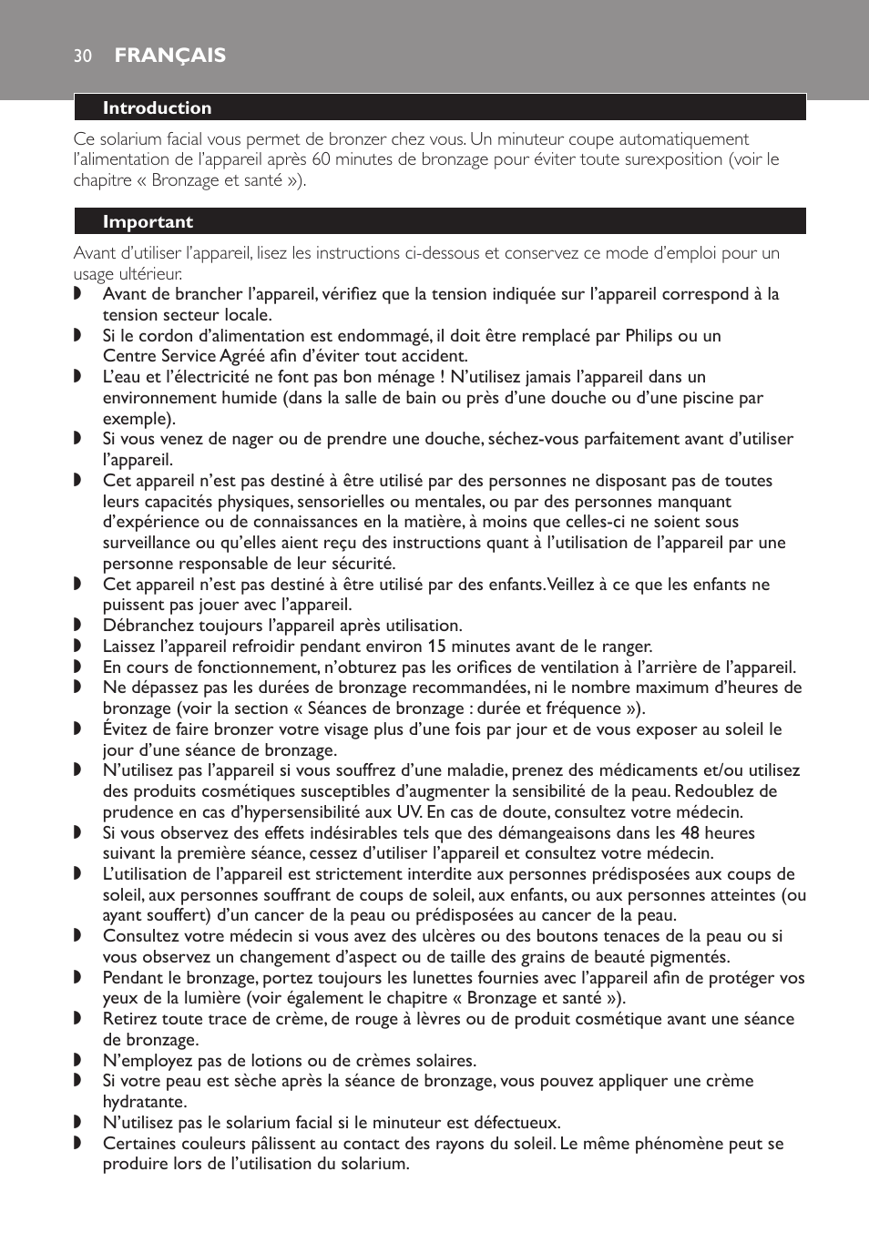 Français, Introduction, Important | Philips Gesichtsbräuner User Manual | Page 30 / 66