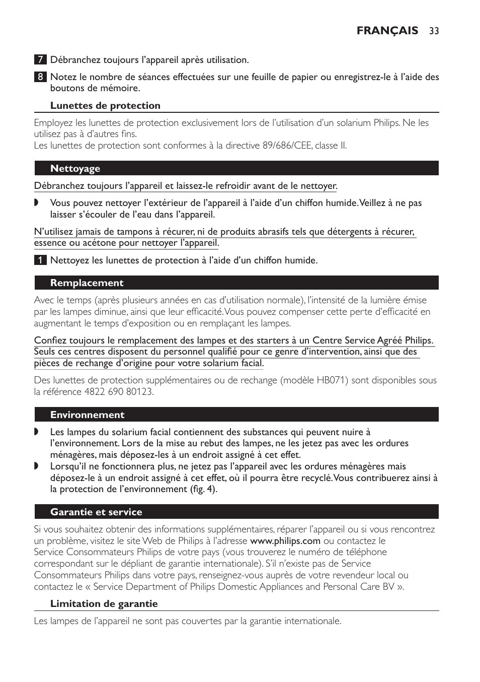 Lunettes de protection, Nettoyage, Remplacement | Environnement, Garantie et service, Limitation de garantie | Philips Gesichtsbräuner User Manual | Page 33 / 66