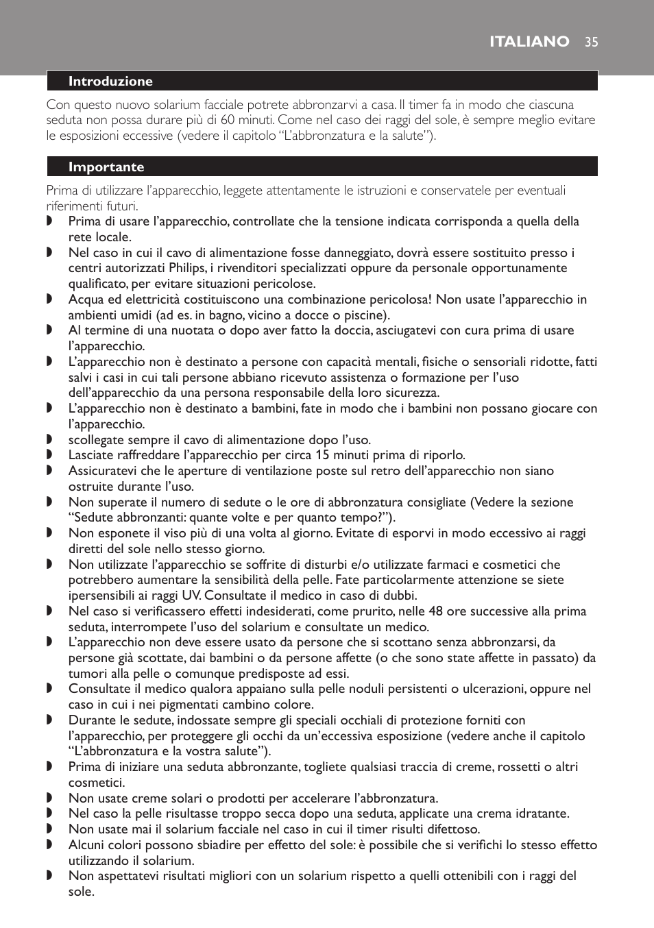 Italiano, Introduzione, Importante | Philips Gesichtsbräuner User Manual | Page 35 / 66