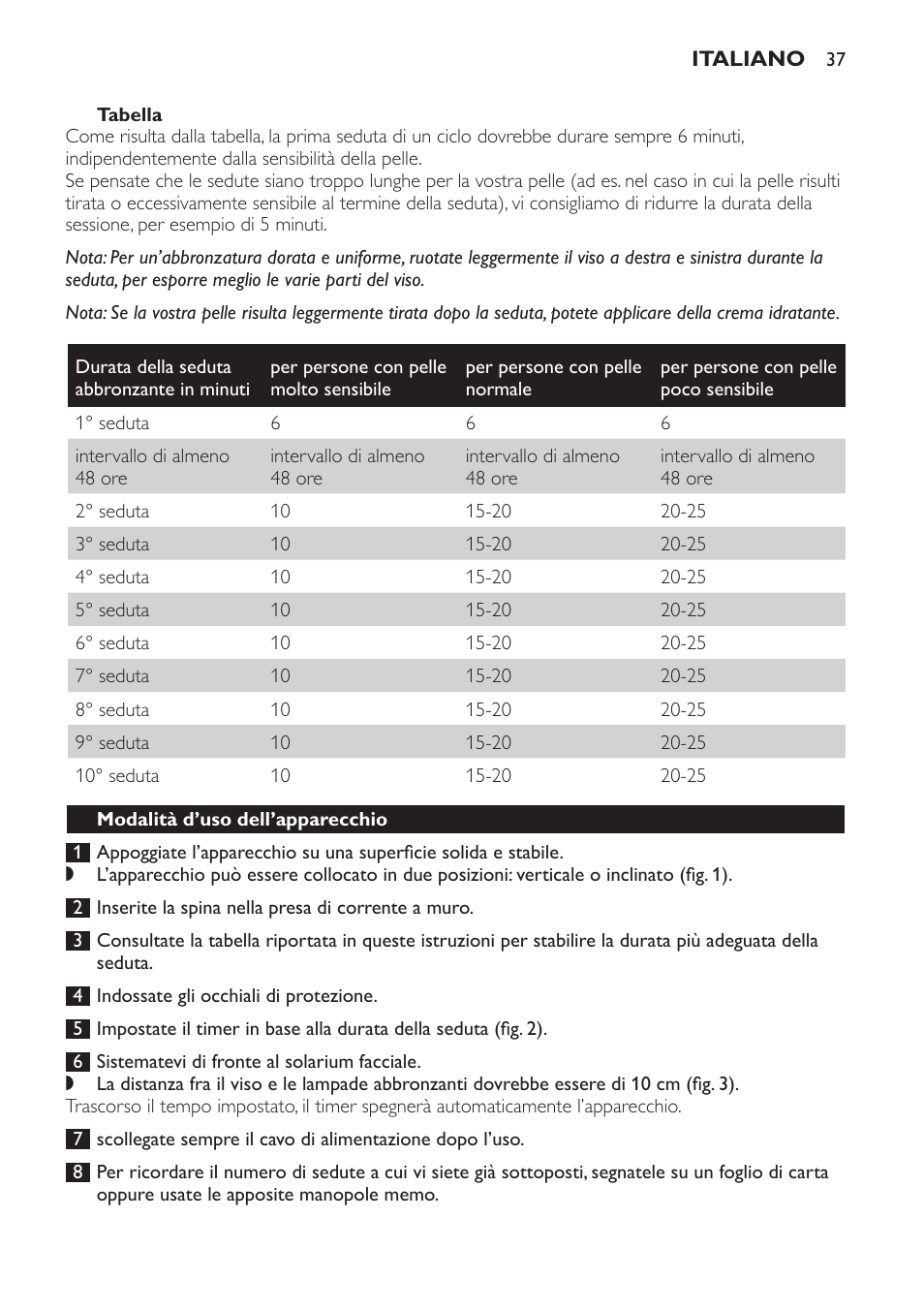 Tabella, Modalità d’uso dell’apparecchio | Philips Gesichtsbräuner User Manual | Page 37 / 66