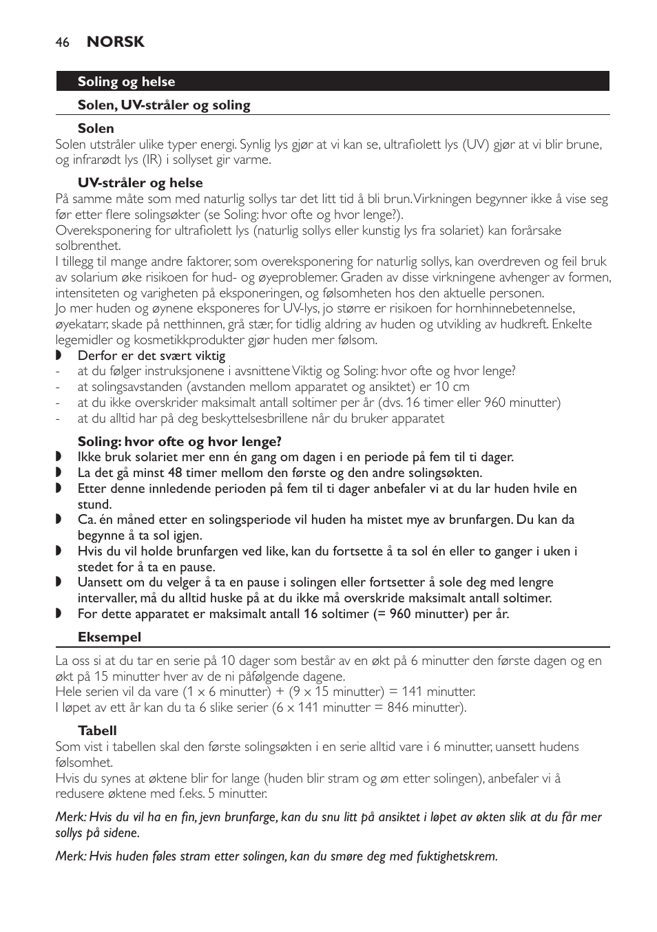 Soling og helse, Solen, uv-stråler og soling, Solen | Uv-stråler og helse, Soling: hvor ofte og hvor lenge, Eksempel, Tabell | Philips Gesichtsbräuner User Manual | Page 46 / 66