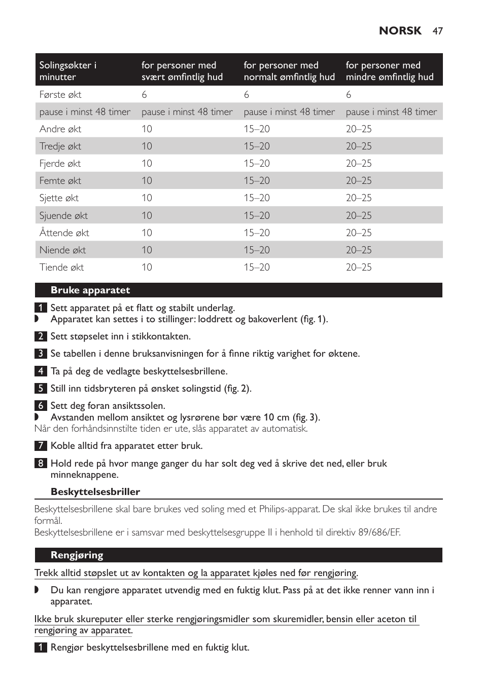 Bruke apparatet, Beskyttelsesbriller, Rengjøring | Philips Gesichtsbräuner User Manual | Page 47 / 66