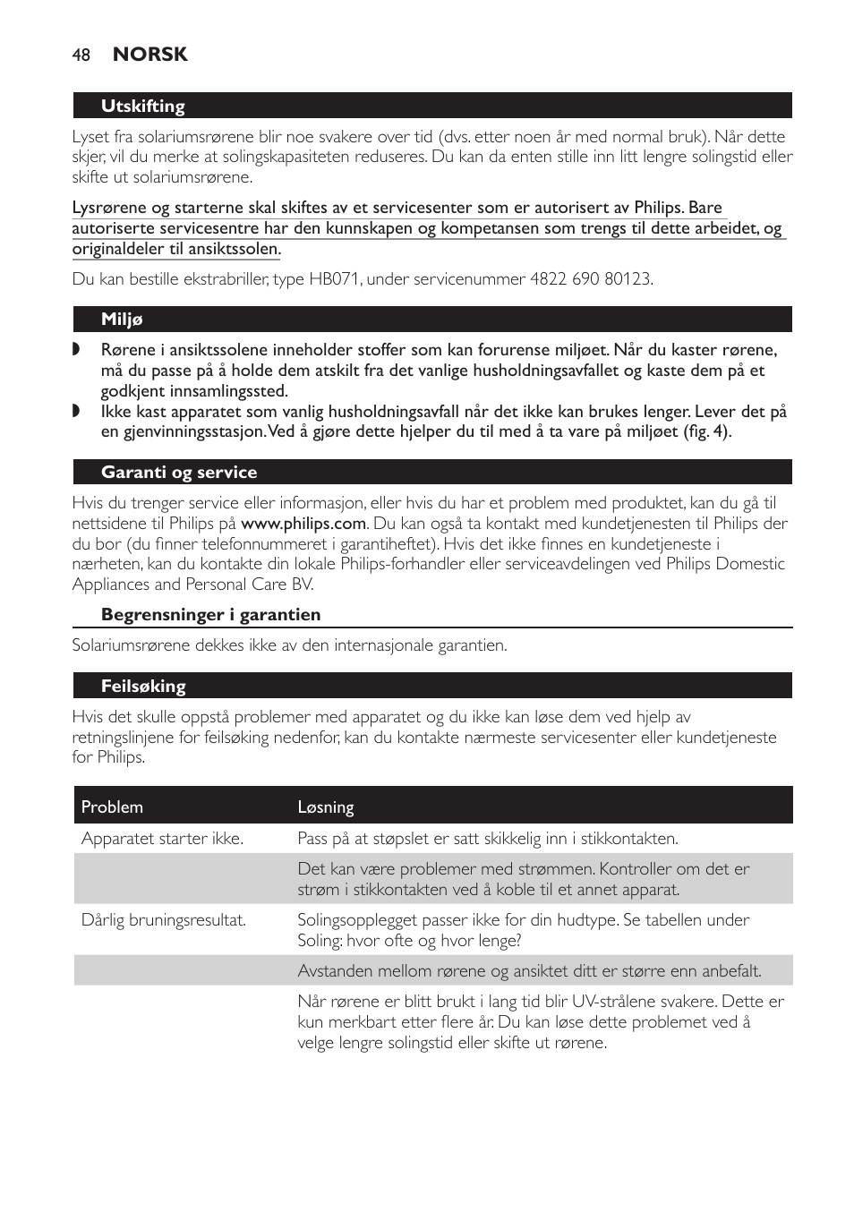 Utskifting, Miljø, Garanti og service | Begrensninger i garantien, Feilsøking | Philips Gesichtsbräuner User Manual | Page 48 / 66