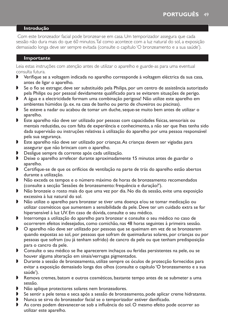 Português, Introdução, Importante | Philips Gesichtsbräuner User Manual | Page 49 / 66