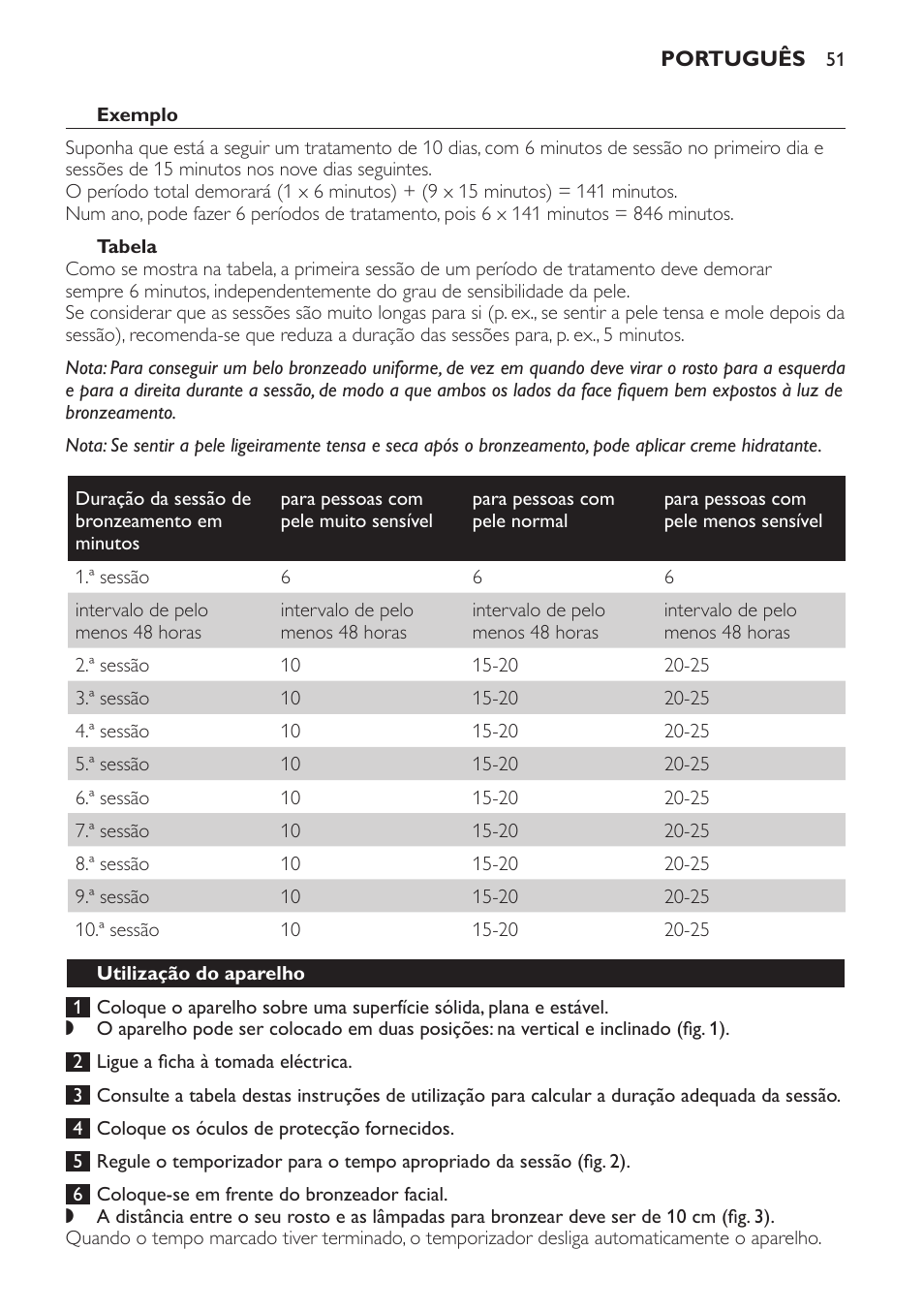 Exemplo, Tabela, Utilização do aparelho | Philips Gesichtsbräuner User Manual | Page 51 / 66
